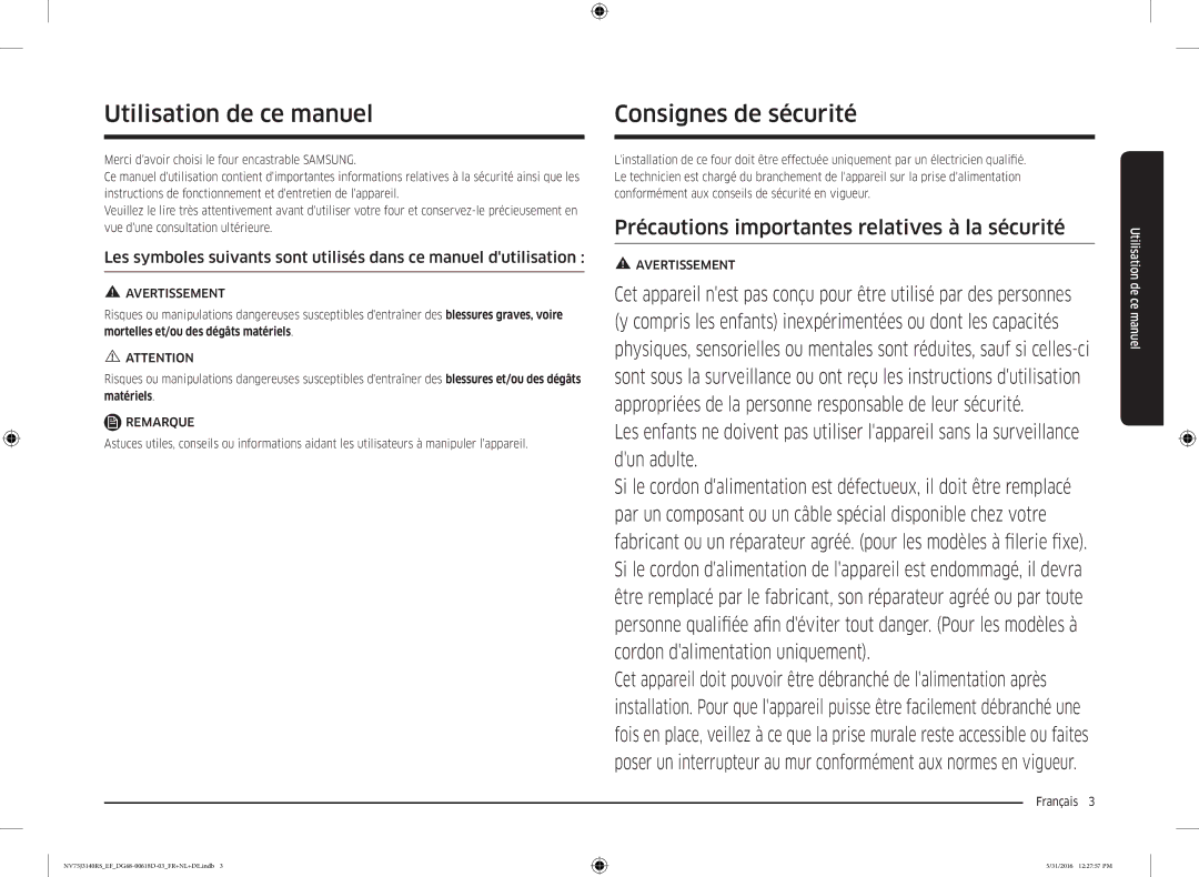 Samsung NV75J3140RS/EF manual Utilisation de ce manuel, Consignes de sécurité, Français  